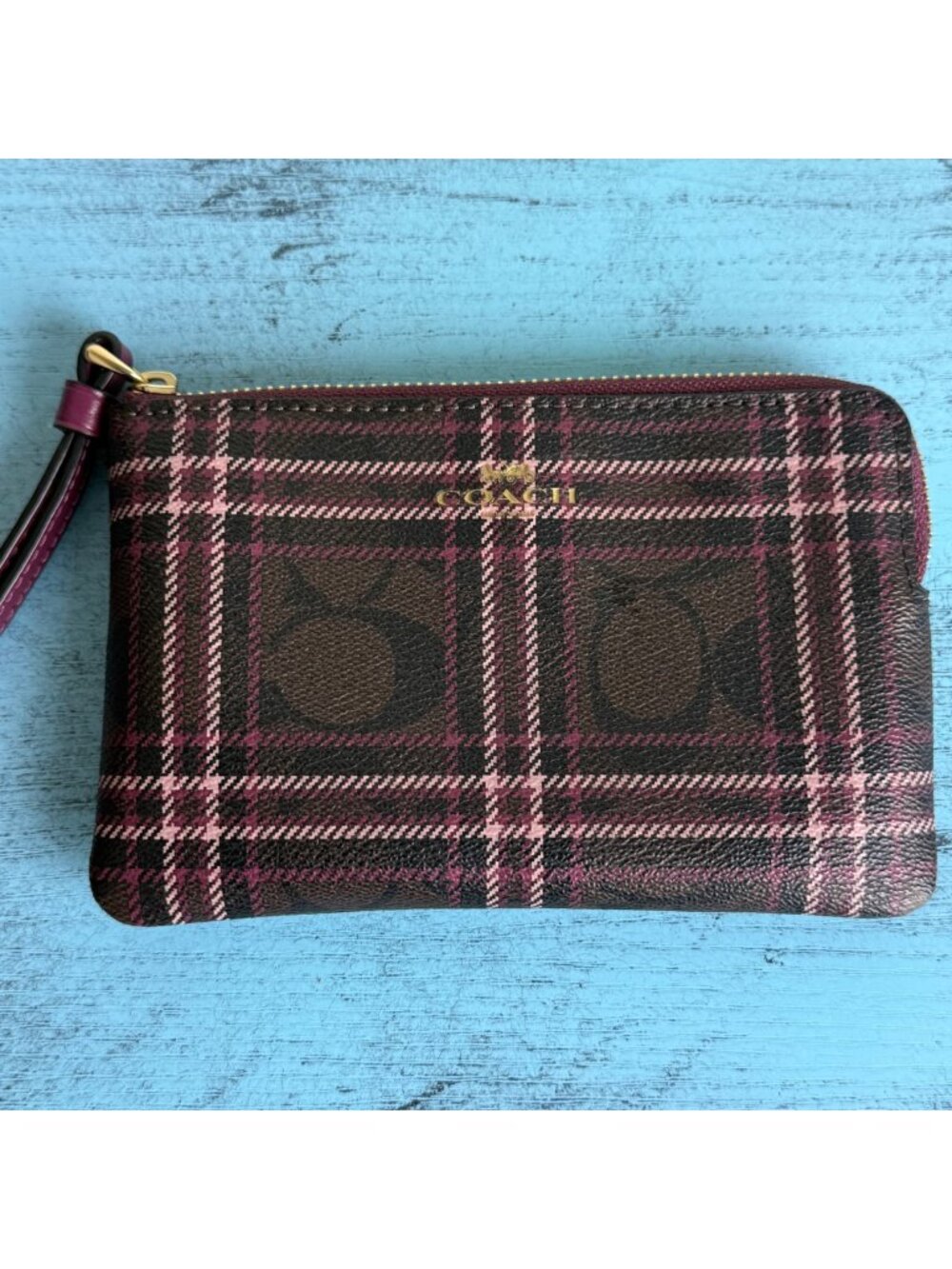 COACH Plaid Wristlet Clutch w/ Signature Logo Print In Burgundy & Pink